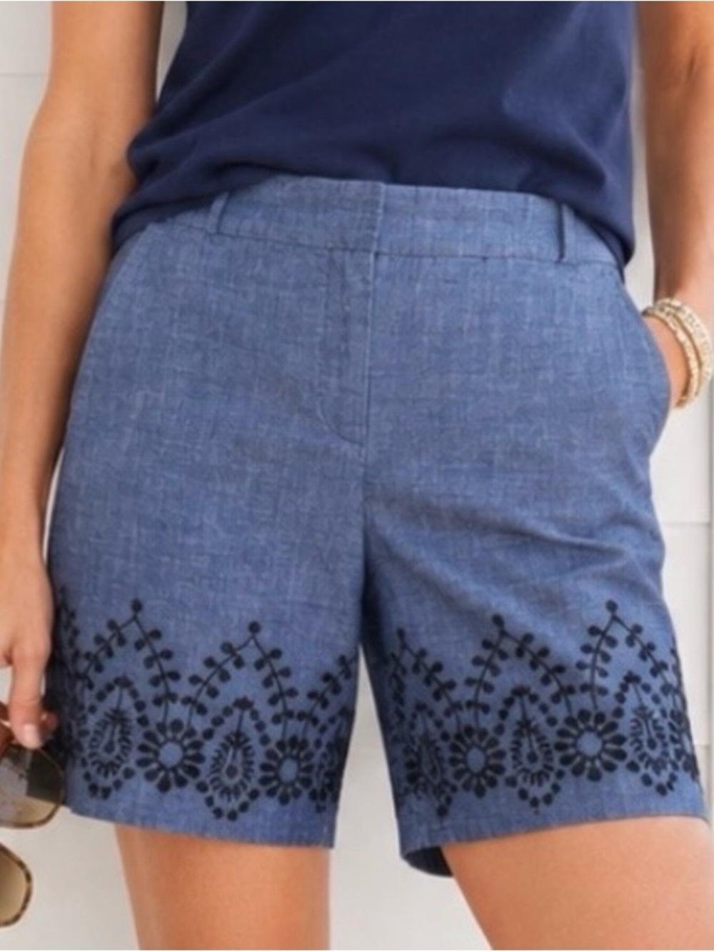 Talbots Blue Chambray Shorts with Black Embroidered Hem